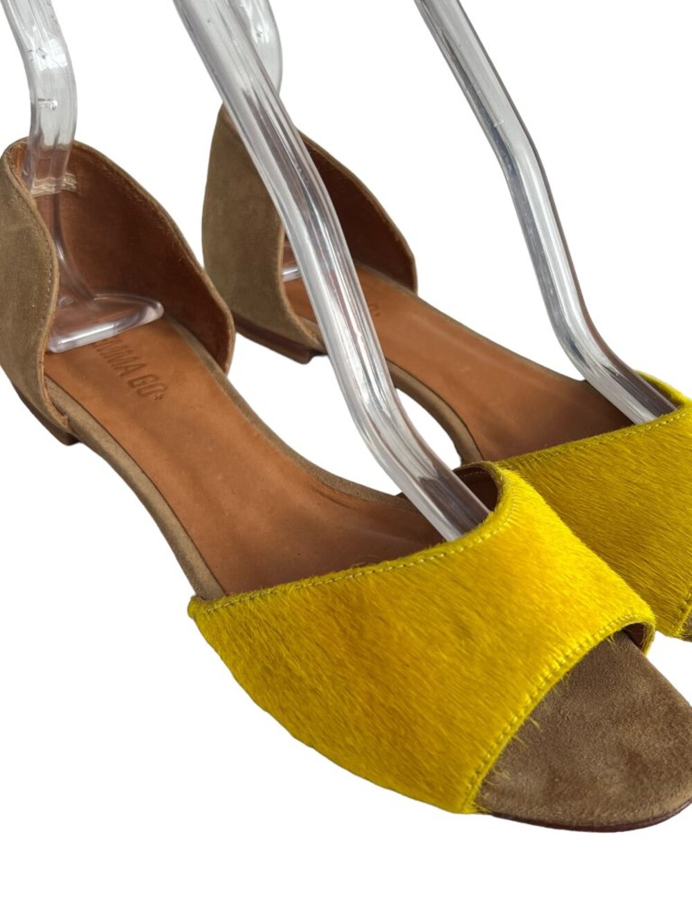 Emma Go flats peep toe shoes tan suede leather yellow fur 37 6.5 anthropologie